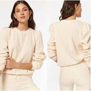 Cami NYC Revolve Leilani Puff Sleeve Top Pearl Buttons Ivory Cream Henley XL